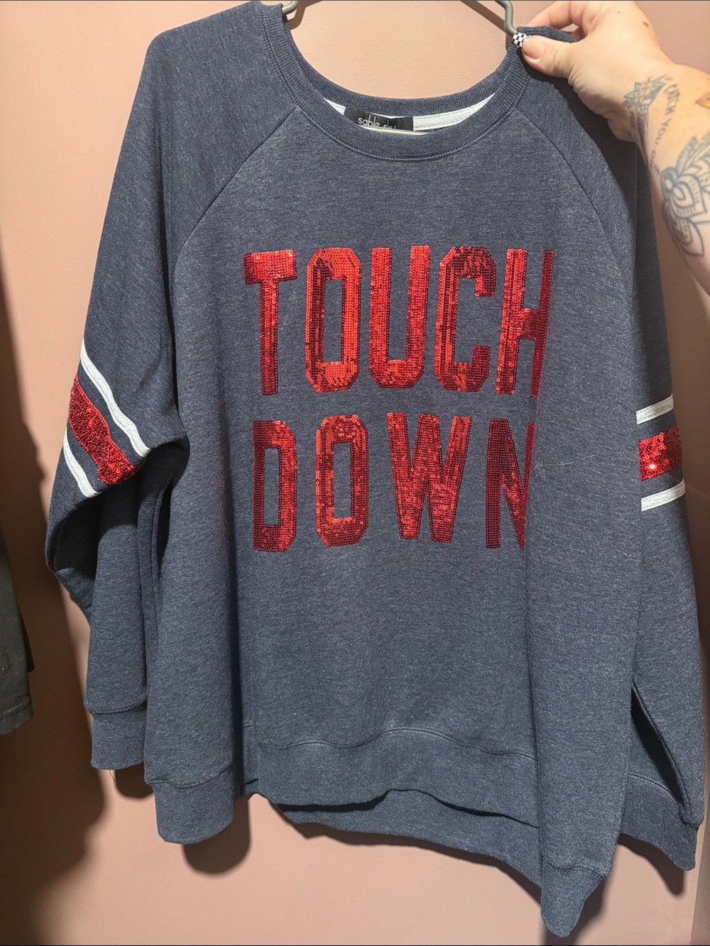 Sequin 'TOUCH DOWN' Crewneck Sweatshirt - Grey with Red Sequins